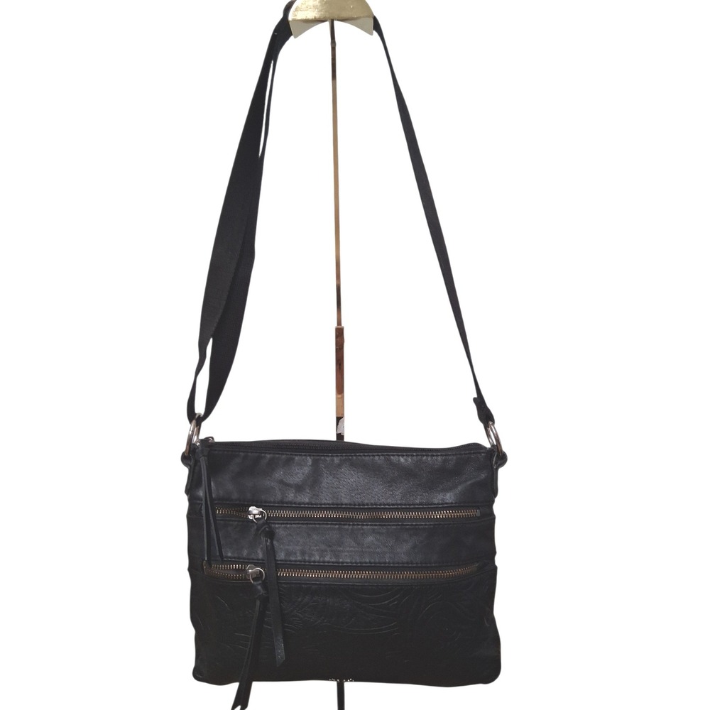 The Sak Reseda‎ Black Leather Floral Embossed Zip Casual Crossbody Casual Bag